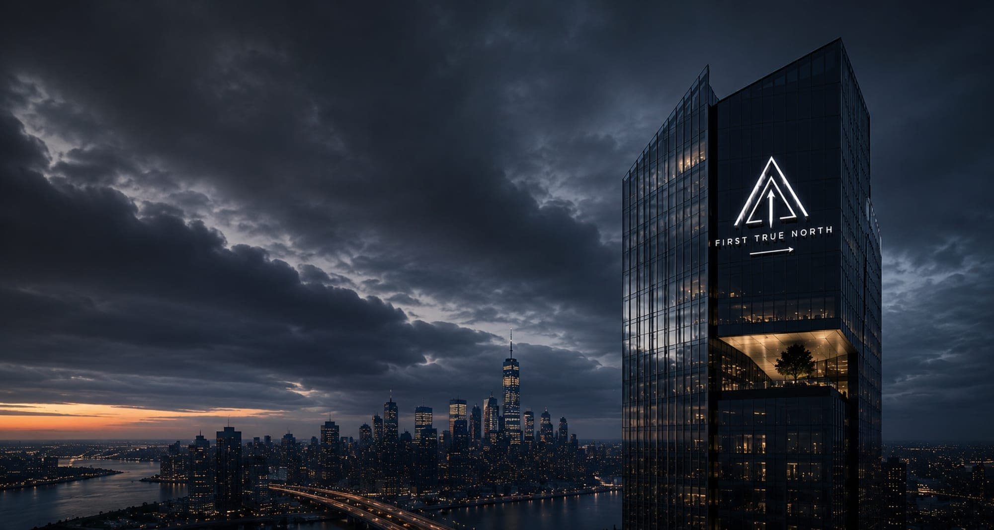 First True North Tower rising over the waterfront city at dusk