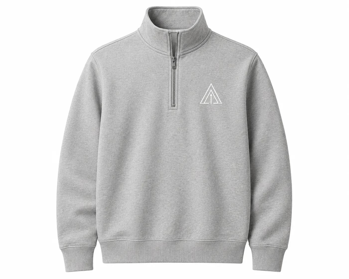 First True North quarter-zip in heather grey with the compass mark embroidered at the chest